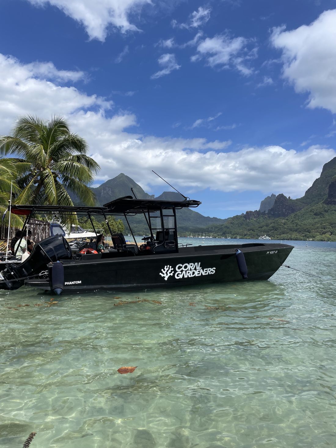 A black Coral Gardeners boat with the new logo, moored in a turquoise lagoon