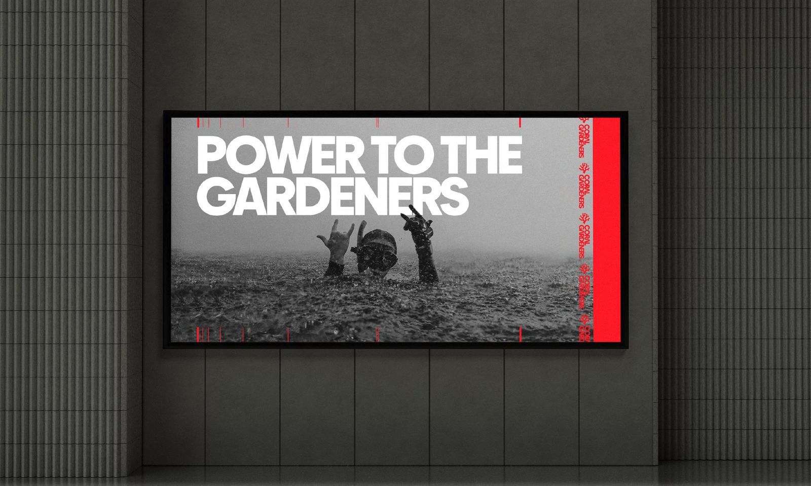 A screen in a gallery shows a diver in the water under the words Power to the Gardeners