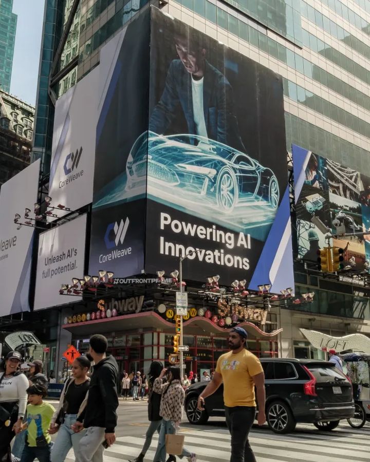 CoreWeave billboards reading Powering AI Innovations across Times Square