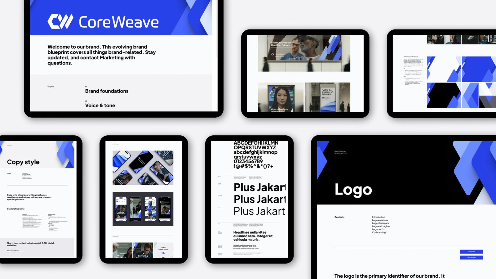 Pages from the CoreWeave brand guidelines on tablets