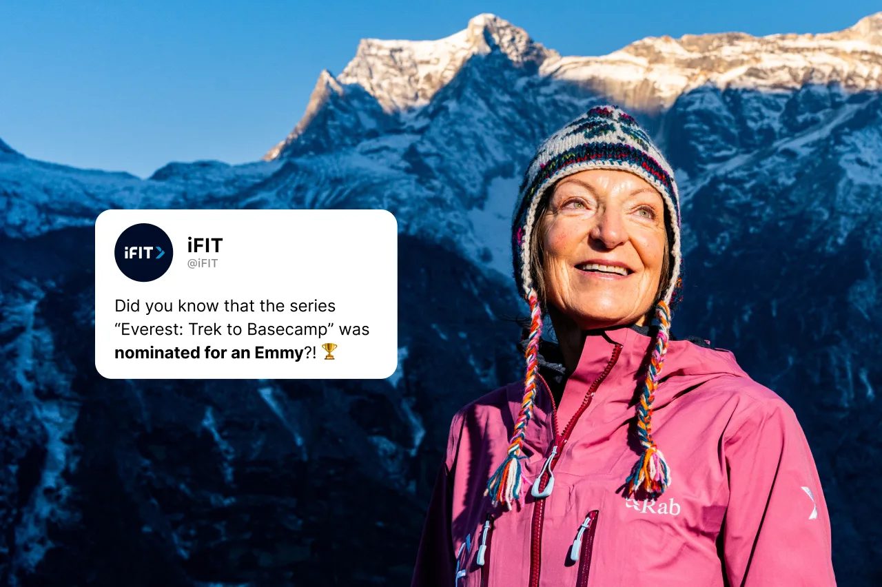 An iFIT trainer in the Himalaya with a post noting the Emmy-nominated Everest series