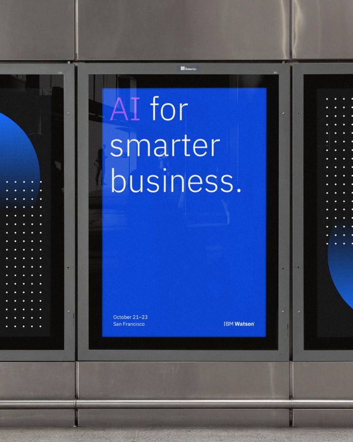 IBM Watson posters reading AI for smarter business, in a transit display
